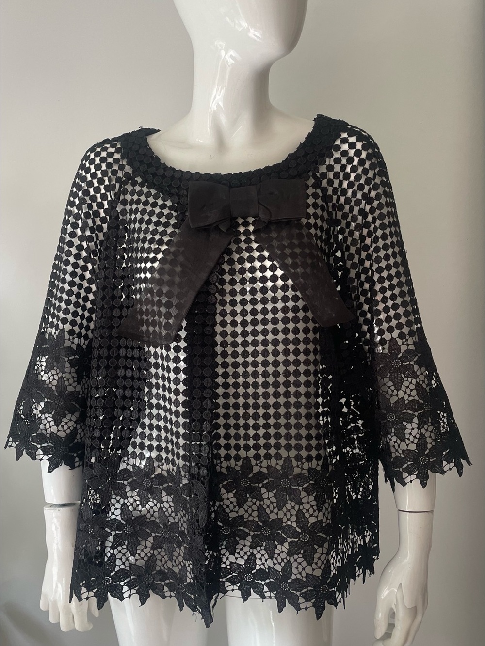 Black Lace Mesh Bow Top Floral Crochet Overlay Sheer Evening Romantic Goth Boho